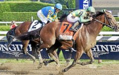 two horses racing on dirt track